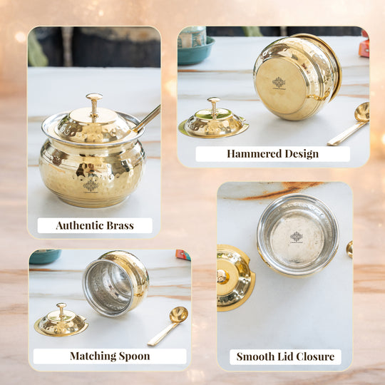 Brass Hammered Ghee/Oil Pot With Spoon, 400 ML