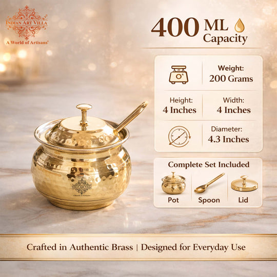 Brass Hammered Ghee/Oil Pot With Spoon, 400 ML