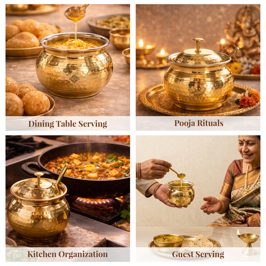 Brass Hammered Ghee/Oil Pot With Spoon, 400 ML