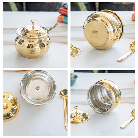 Brass Hammered Ghee/Oil Pot With Spoon, 400 ML