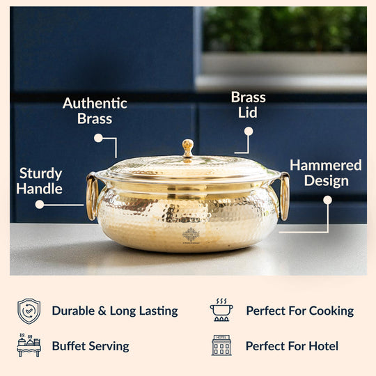 Brass Degchi With Hammered Design, Handle & Inside Tin Lining