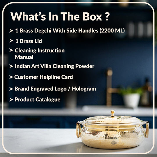 Brass Degchi With Hammered Design, Handle & Inside Tin Lining