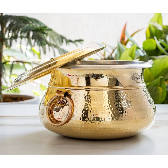 Brass Hammered Lagan Handi With Handle With Tin Lining  & Lid Cover