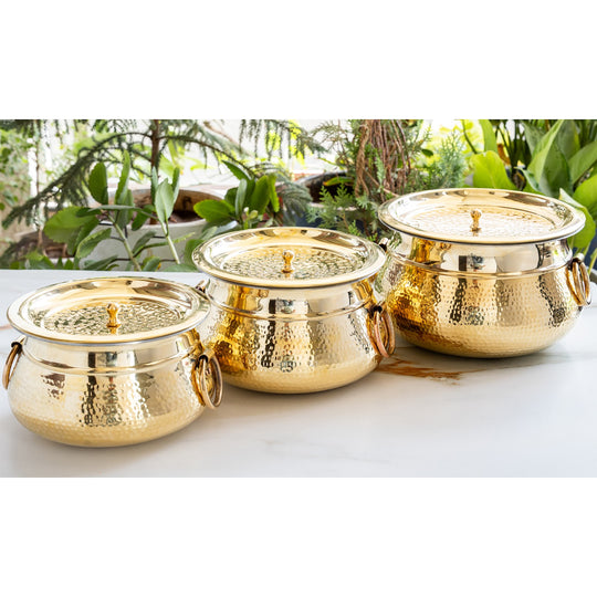 Brass Hammered Lagan Handi With Handle With Tin Lining  & Lid Cover