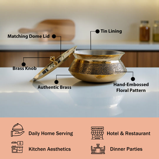 Pure Brass Handi with Lid - Embossed Floral Design Cookware