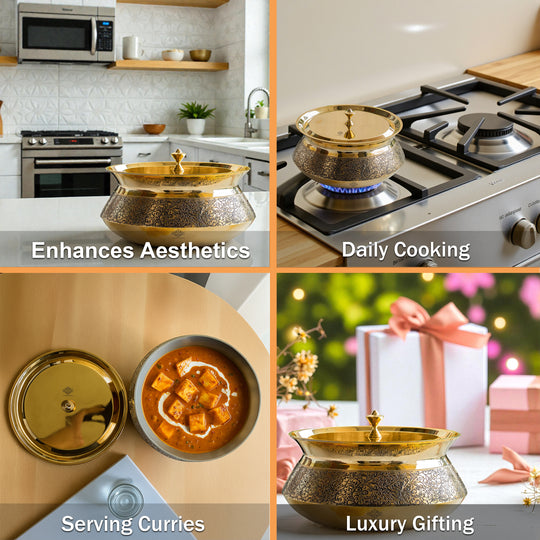 Pure Brass Handi with Lid - Embossed Floral Design Cookware