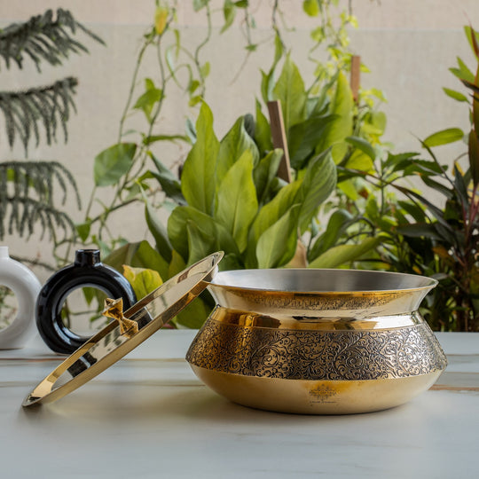 Pure Brass Handi with Lid, 2000 ML - Embossed Floral Design Cookware