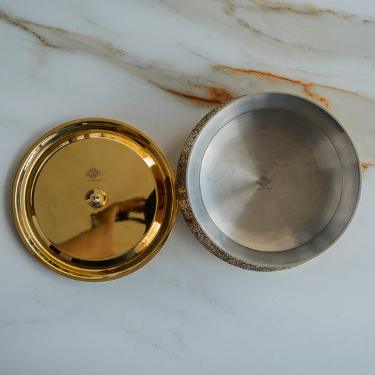 Pure Brass Handi with Lid, 2000 ML - Embossed Floral Design Cookware