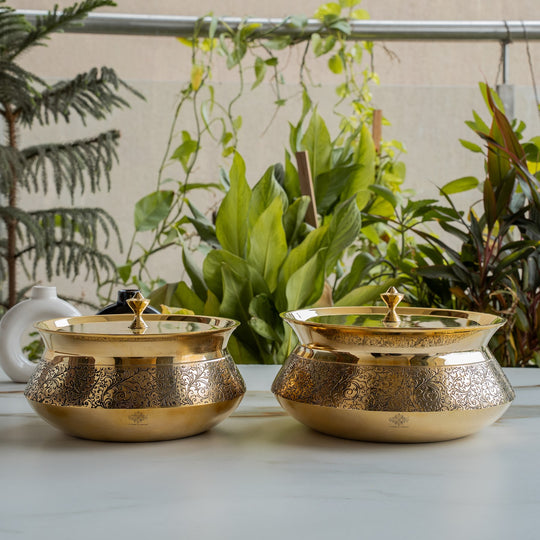Pure Brass Handi with Lid, 2000 ML - Embossed Floral Design Cookware
