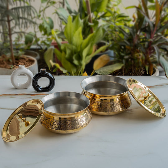 Pure Brass Handi with Lid, 2000 ML - Embossed Floral Design Cookware