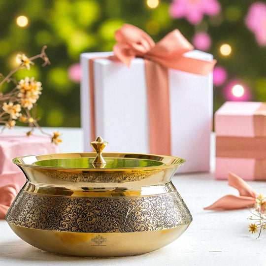 Pure Brass Handi with Lid, 2000 ML - Embossed Floral Design Cookware
