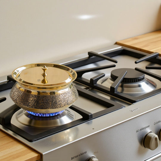 Pure Brass Handi with Lid, 2000 ML - Embossed Floral Design Cookware