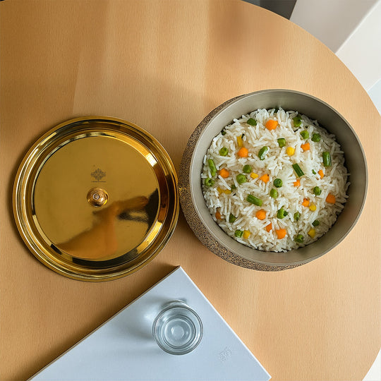 Pure Brass Handi with Lid, 2000 ML - Embossed Floral Design Cookware