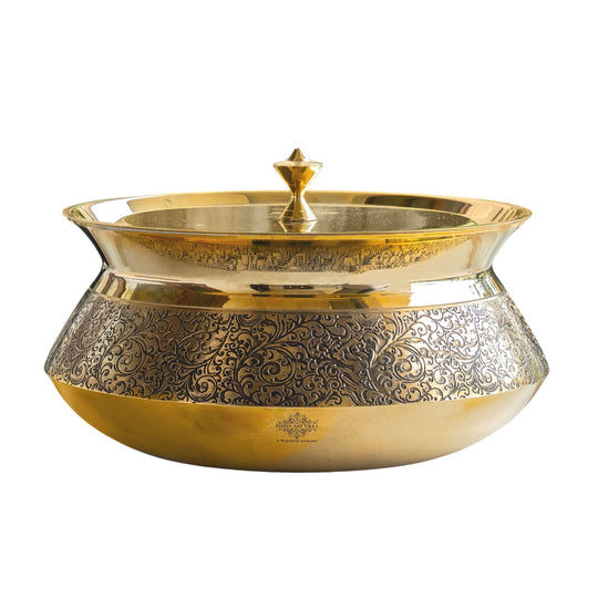 Pure Brass Handi with Lid, 2000 ML - Embossed Floral Design Cookware