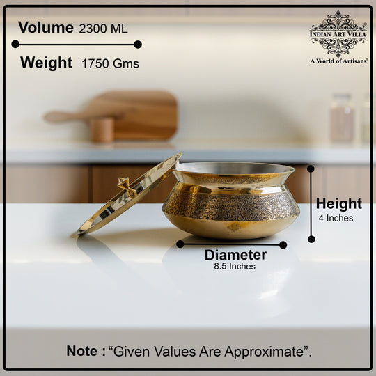 Pure Brass Handi with Lid - Embossed Floral Design Cookware