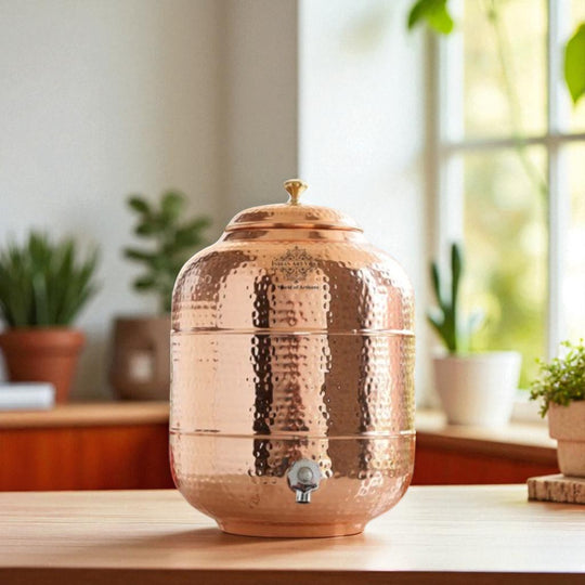 Handmade pure copper water pot tank dispenser front view — Indian Art Villa