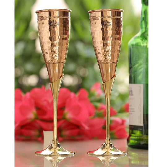 Set of 2 hammered copper champagne glasses with brass stands — Indian Art Villa