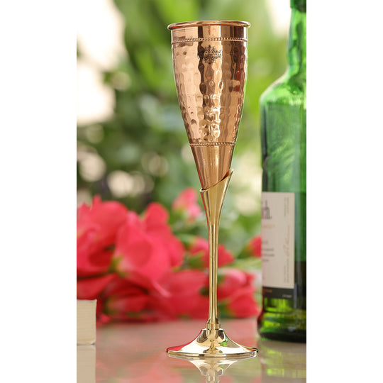 Hammered copper champagne glass with brass stand, front view — Indian Art Villa