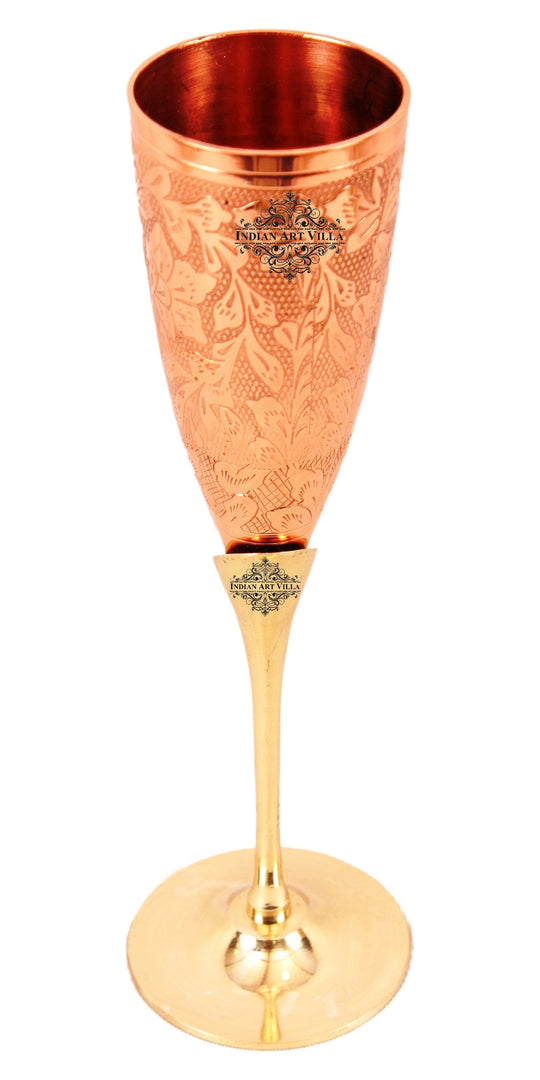 Embossed copper champagne glass with brass stand, close-up detail — Indian Art Villa