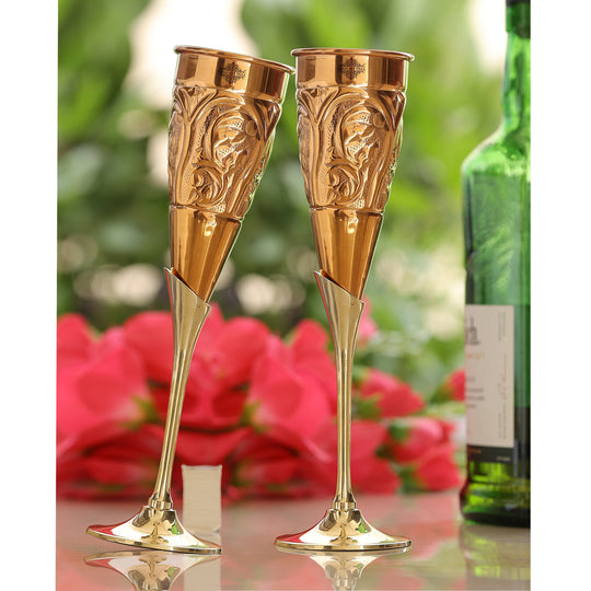Copper embossed champagne glass set of 2, angle view — Indian Art Villa