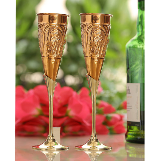 Set of 2 handcrafted copper embossed champagne glasses with brass stands — Indian Art Villa