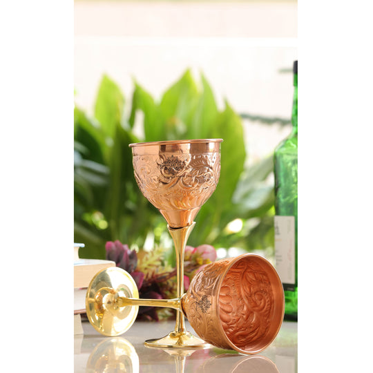Luxury Copper Wine Glass with Brass Base – Embossed Handcrafted Drinkware by Indian Art Villa for Gifting & Bar Settings.