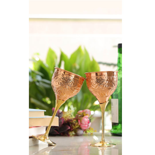 Luxury Copper Wine Glass with Brass Base – Embossed Handcrafted Drinkware by Indian Art Villa for Gifting & Bar Settings.