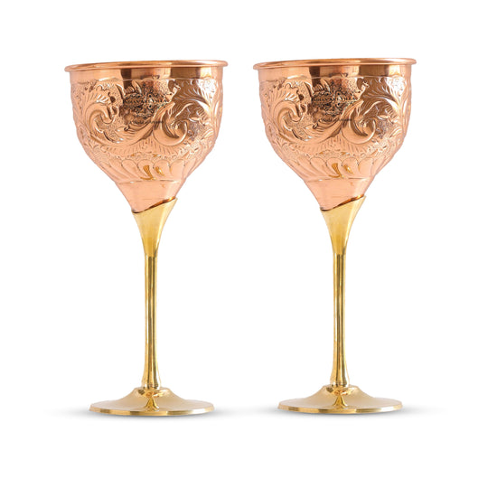 Luxury Copper Wine Glass with Brass Base – Embossed Handcrafted Drinkware by Indian Art Villa for Gifting & Bar Settings.
