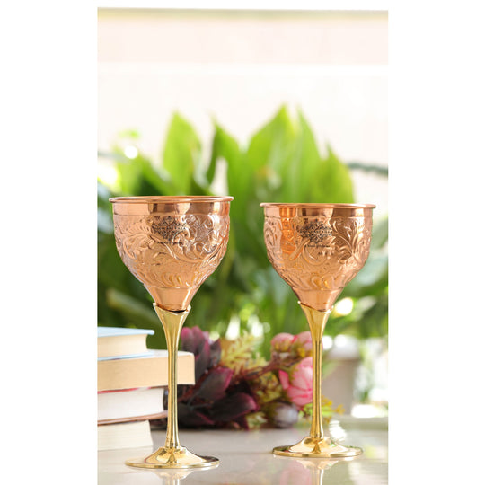 Luxury Copper Wine Glass with Brass Base – Embossed Handcrafted Drinkware by Indian Art Villa for Gifting & Bar Settings.