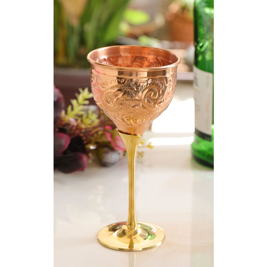 Luxury Copper Wine Glass with Brass Base – Embossed Handcrafted Drinkware by Indian Art Villa for Gifting & Bar Settings.