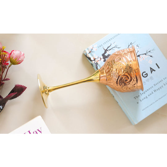 Luxury Copper Wine Glass with Brass Base – Embossed Handcrafted Drinkware by Indian Art Villa for Gifting & Bar Settings.