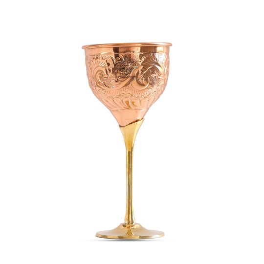 Luxury Copper Wine Glass with Brass Base – Embossed Handcrafted Drinkware by Indian Art Villa for Gifting & Bar Settings.