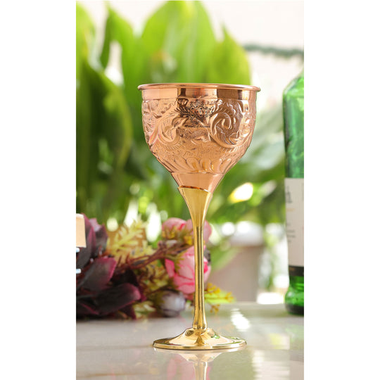 Luxury Copper Wine Glass with Brass Base – Embossed Handcrafted Drinkware by Indian Art Villa for Gifting & Bar Settings.