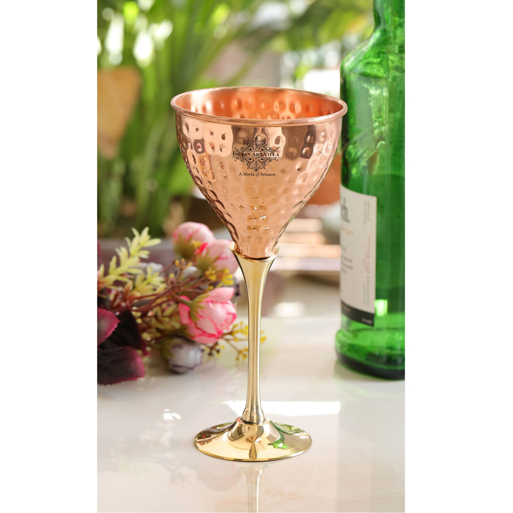 Indian Art Villa Pure Copper Hammered Design Wine Glass with Brass Stand