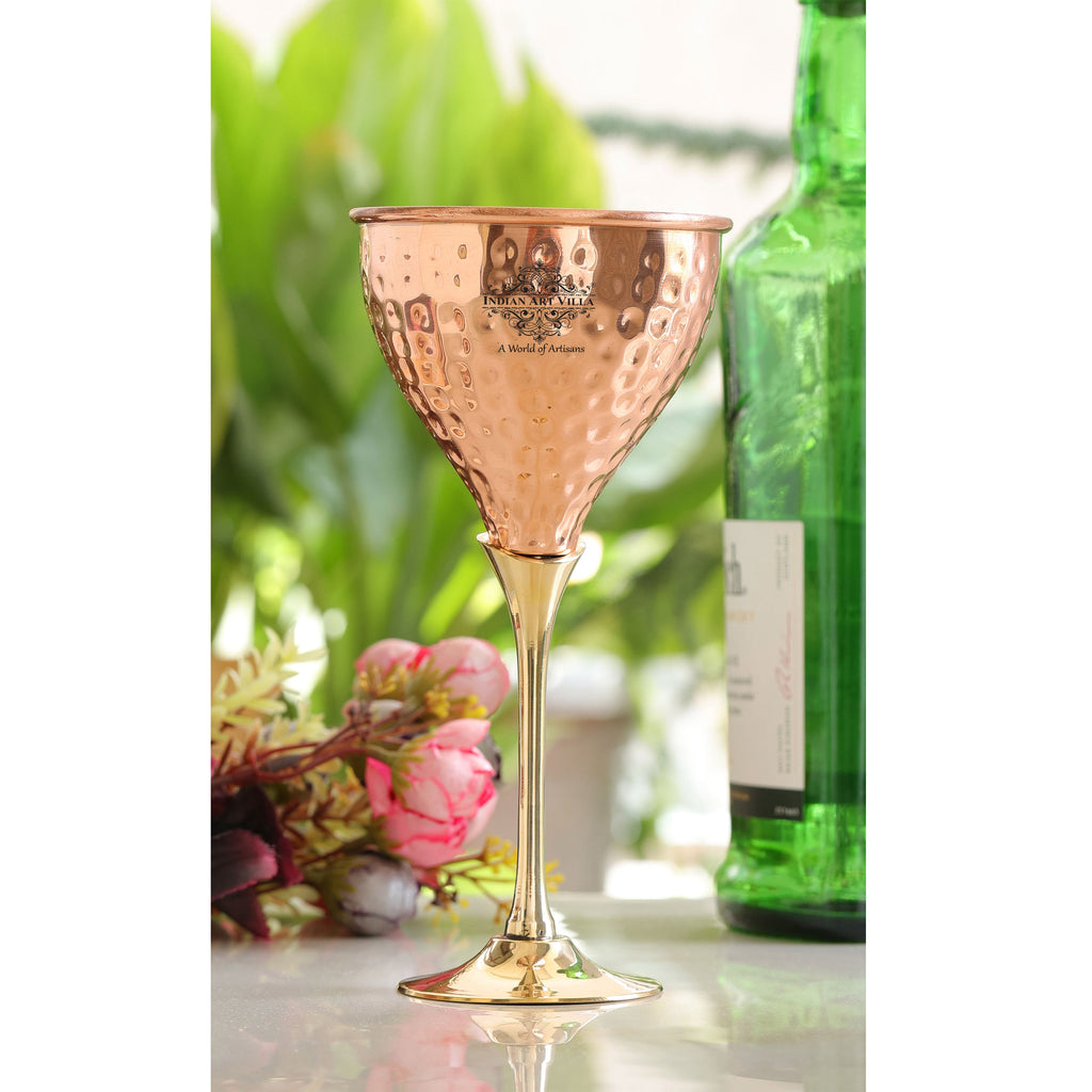 Indian Art Villa Pure Copper Hammered Design Wine Glass with Brass Stand