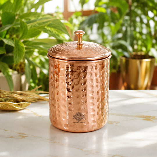 Handcrafted pure copper hammered design storage box 950 ML front view — Indian Art Villa