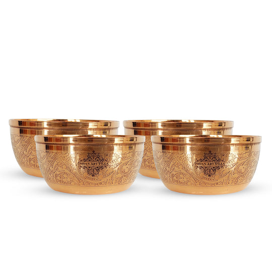 Set of Indian Art Villa copper bowls with intricate embossed floral designs, perfect for both serving and decoration.