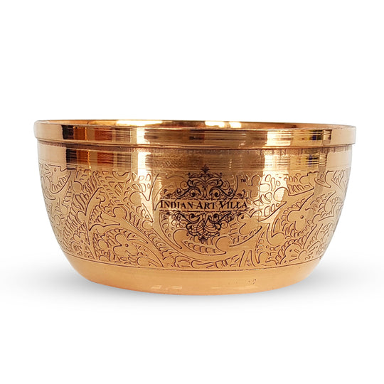 These copper bowls from IAV feature floral patterns that are both decorative and practical for serving meals or as accents.