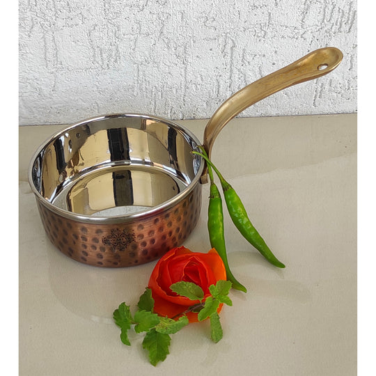 Steel Copper Antique Finish Sauce Pan with Brass Handle- Serveware