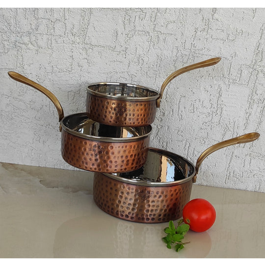 Steel Copper Antique Finish Sauce Pan with Brass Handle- Serveware