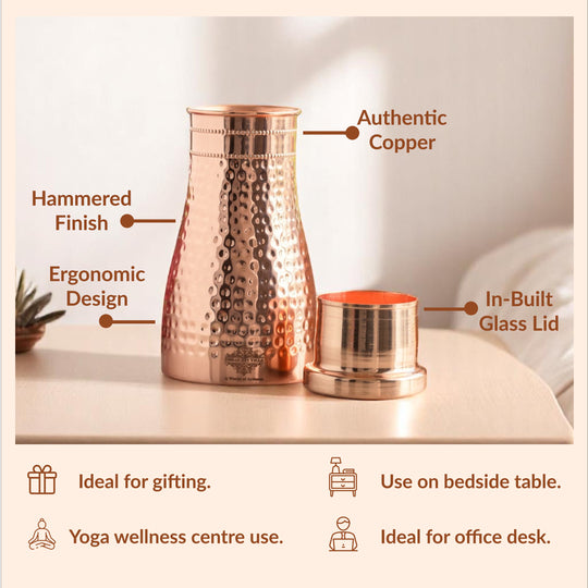 Pure Copper Bedroom Water Bottle with Inbuilt Glass