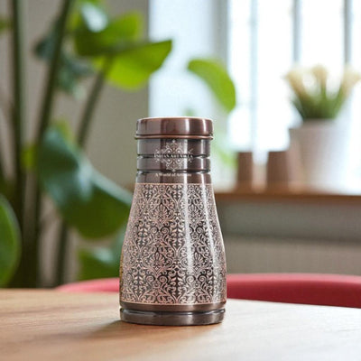 Pure Copper Bedroom Bottle With Inbuilt Glass - Embossed Design