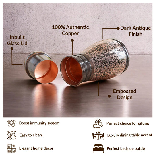 Pure Copper Embossed Bedroom Bottle With Inbuilt Glass