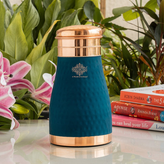 Pure Copper Hammered  Silk Finish Bedroom Bottle with Inbuilt Glass