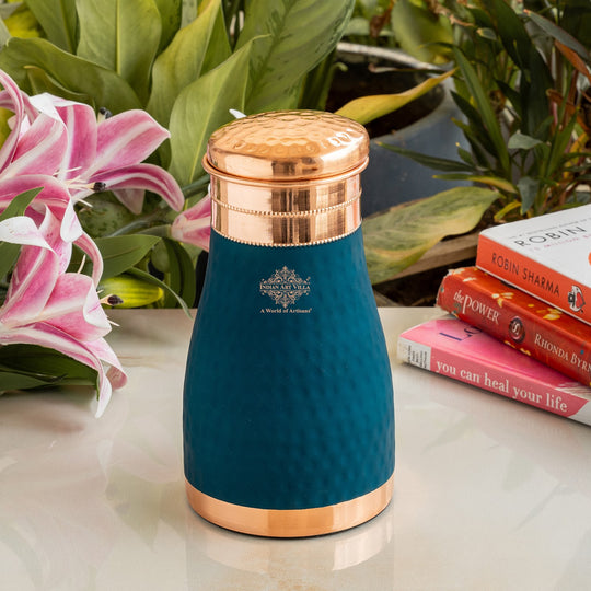 Pure Copper Hammered  Silk Finish Bedroom Bottle with Inbuilt Glass