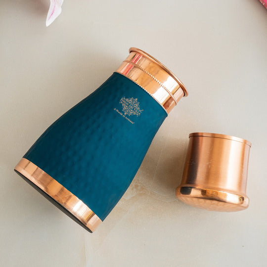 Pure Copper Hammered  Silk Finish Bedroom Bottle with Inbuilt Glass