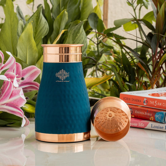 Pure Copper Hammered  Silk Finish Bedroom Bottle with Inbuilt Glass