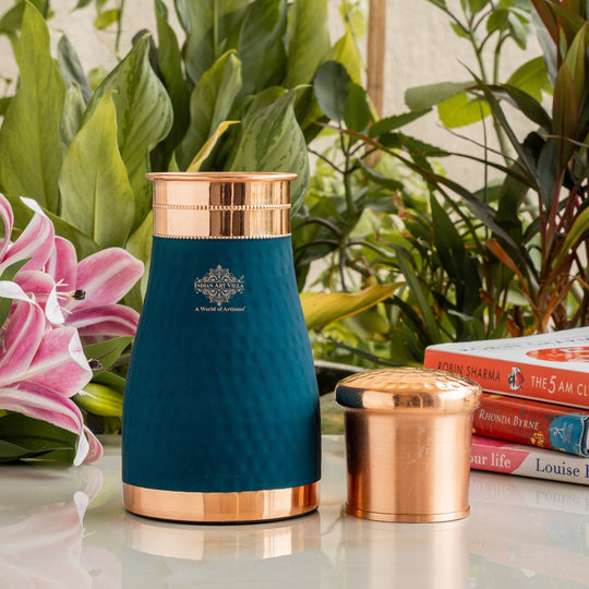 Pure Copper Hammered  Silk Finish Bedroom Bottle with Inbuilt Glass