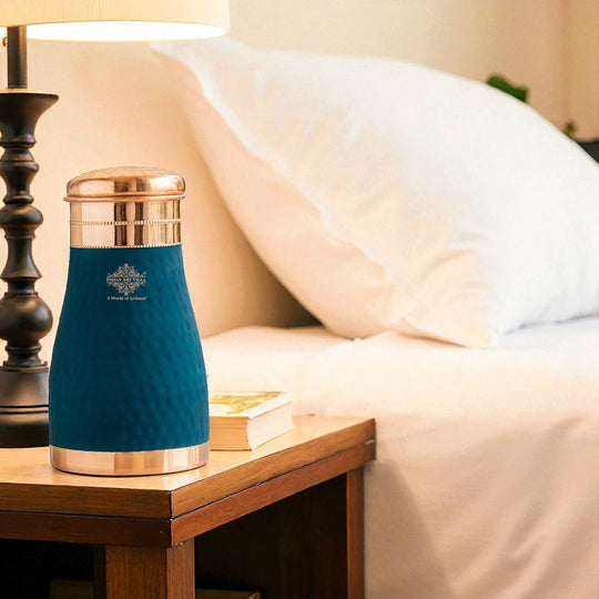 Pure Copper Hammered  Silk Finish Bedroom Bottle with Inbuilt Glass
