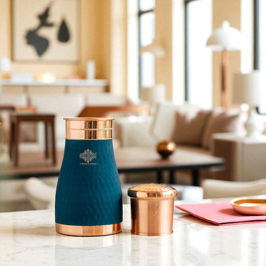 Pure Copper Hammered  Silk Finish Bedroom Bottle with Inbuilt Glass